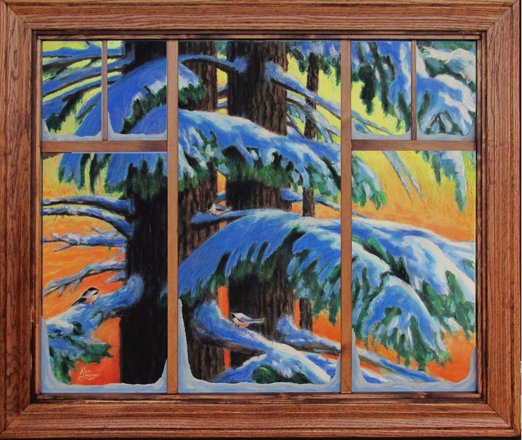 Out the Studio Window, oak window frame, photographed in daylight