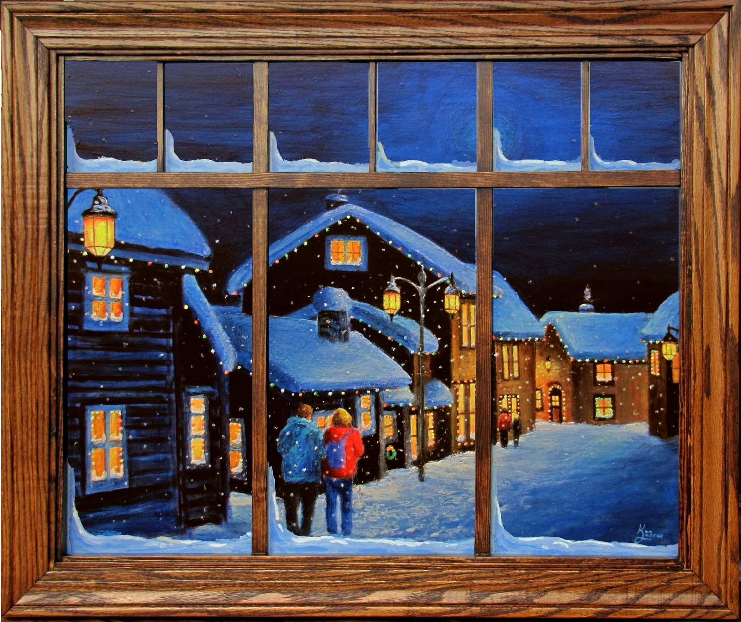 Off to the Pub, oak window frame, photographed in daylight
