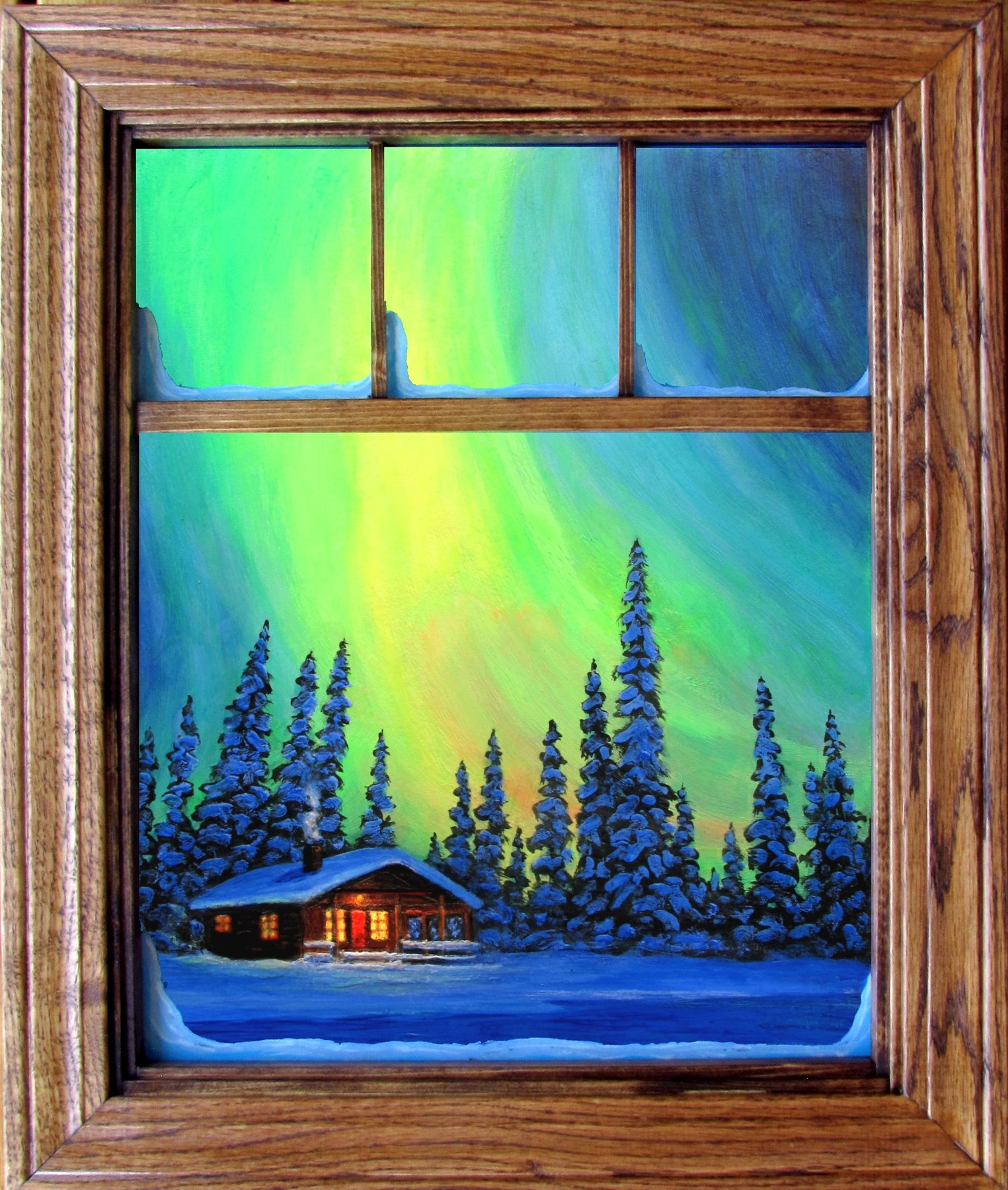 Night Light, oak window frame, photographed in daylight