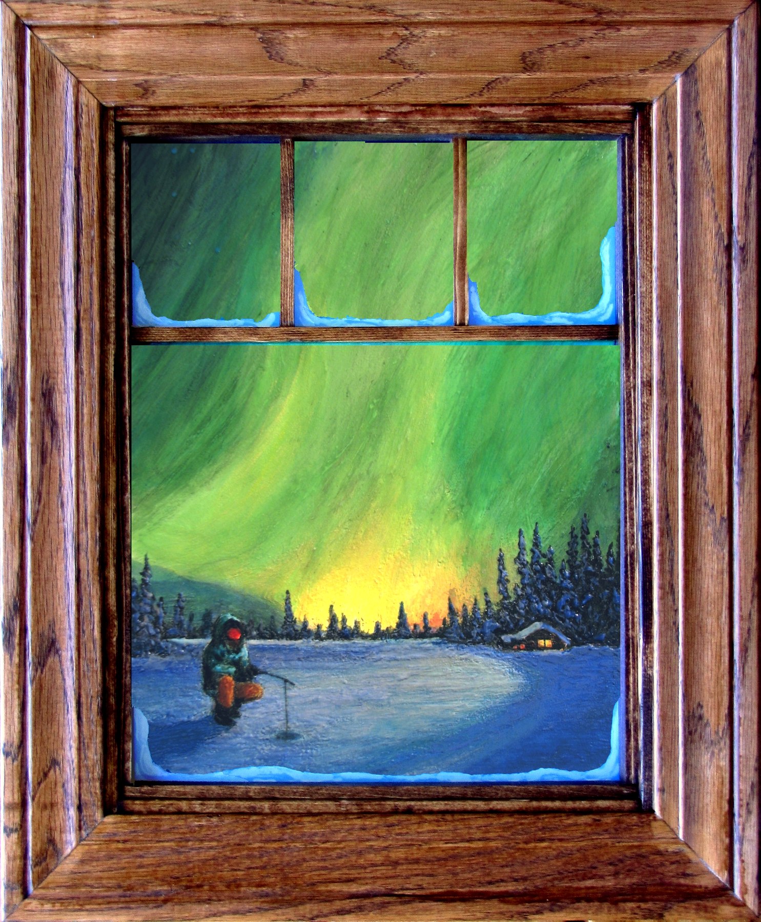 Hoping to Get Lucky, oak window frame, photographed in daylight