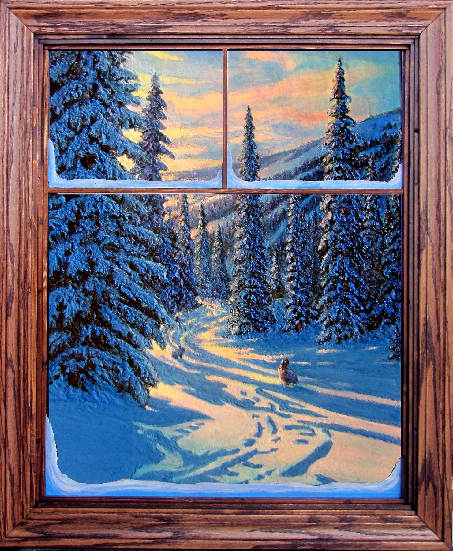 Sun Peaks Bunny Run, oak window frame, photographed in daylight