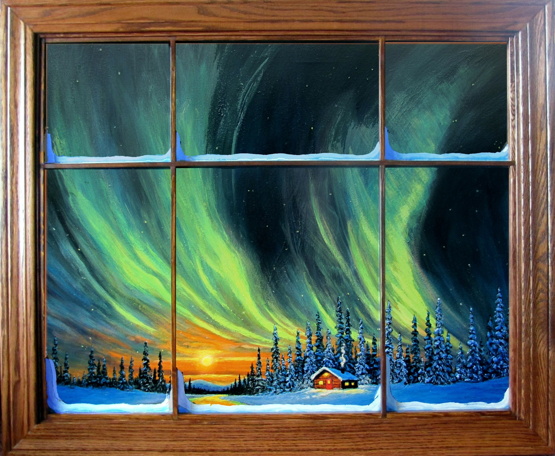Spirit of the Northern Sky, oak window frame, photographed in daylight